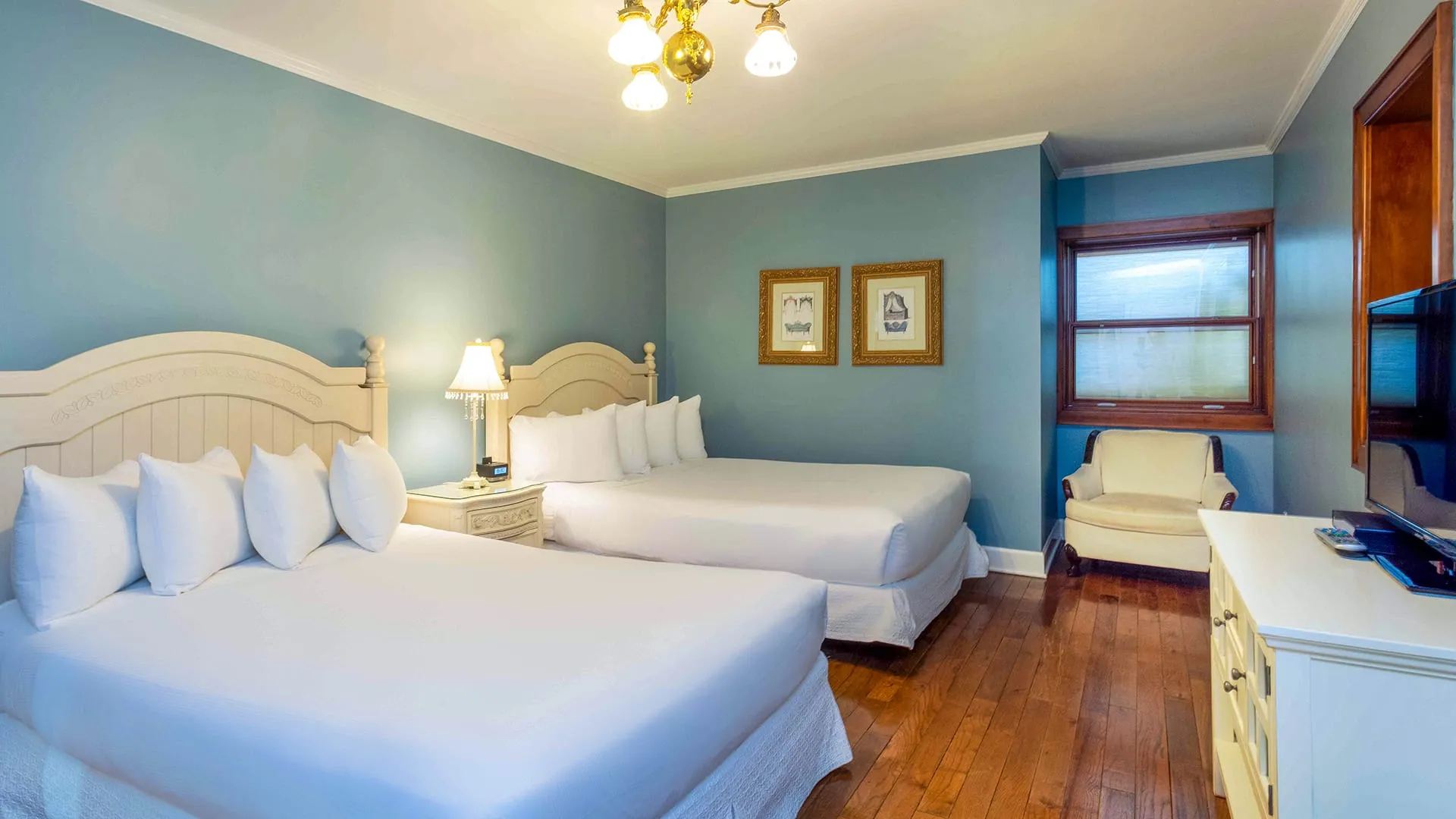 Hotel bedroom with twin beds.
