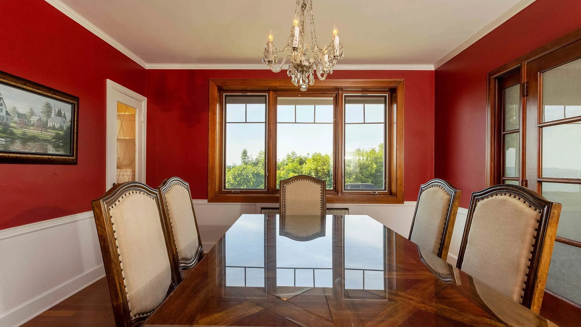 Red room with dining table.