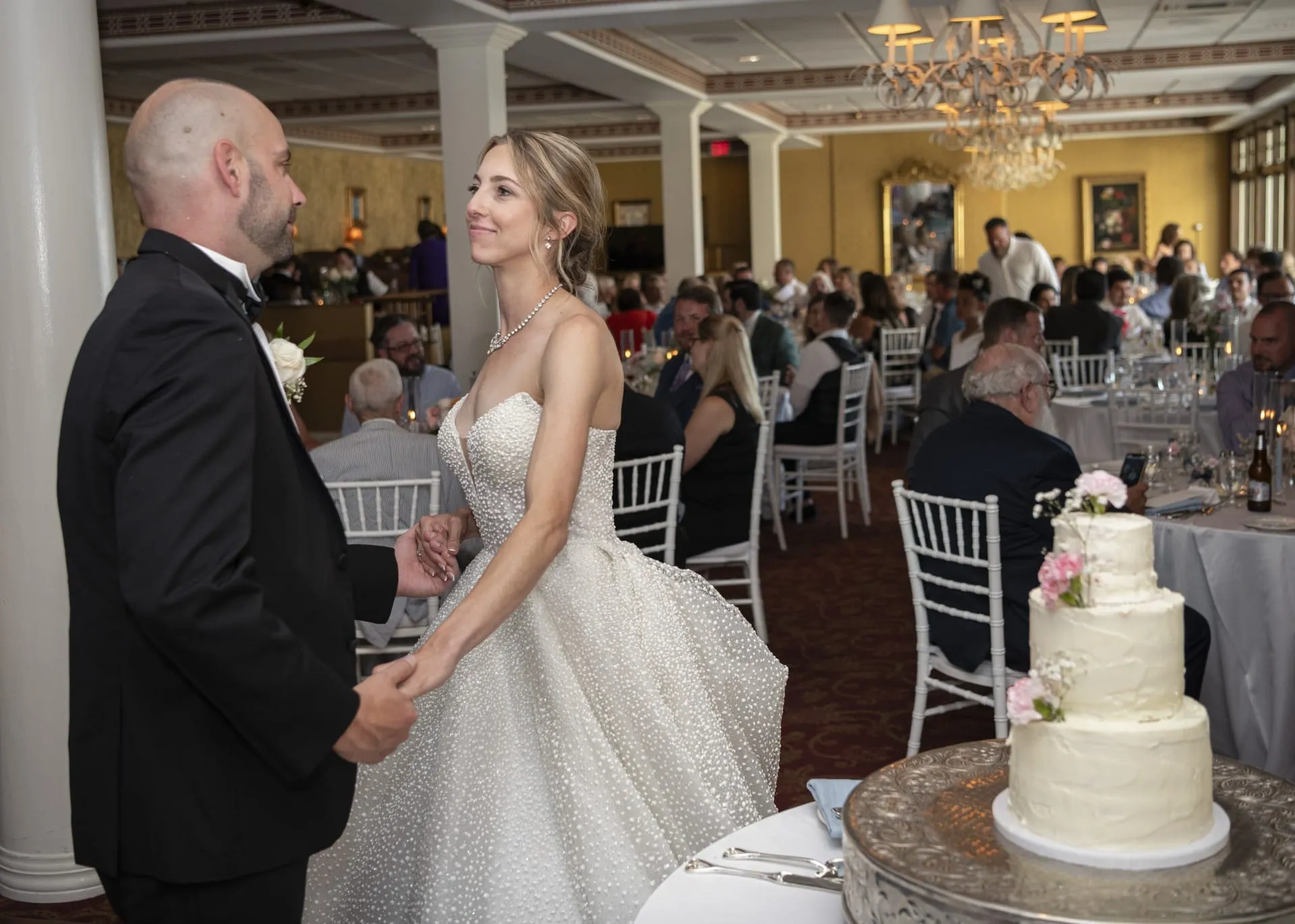Bride and groom at wedding reception.