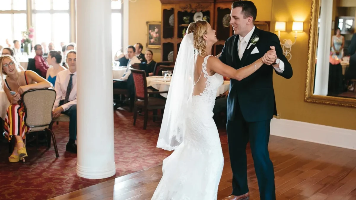 Bride and groom dancing at their wedding reception.